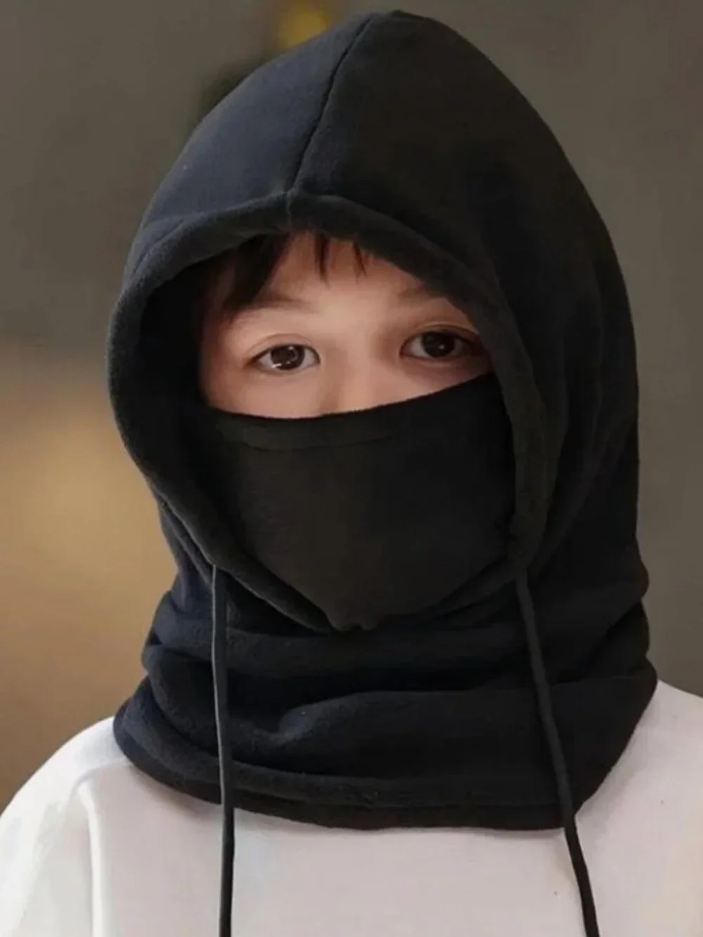Black Kids Fleece Balaclava Hat Windproof Warm Full Cover Hooded Beanie Scarf